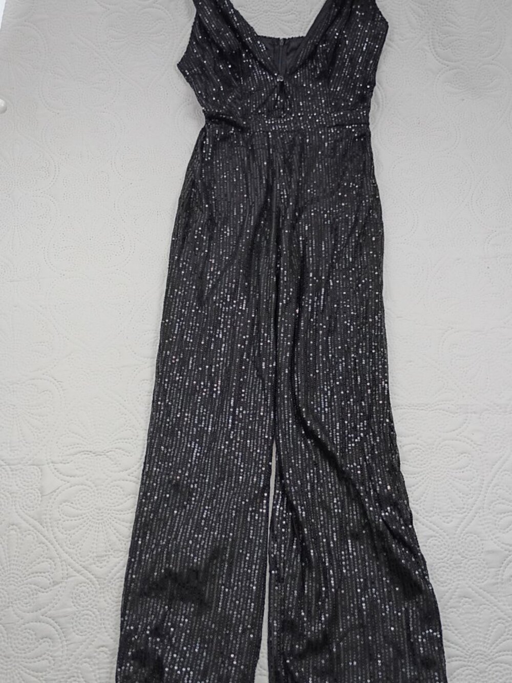 NWOT Black Sequin Wide Leg Jumpsuit V Neck Adjustable Straps Size L